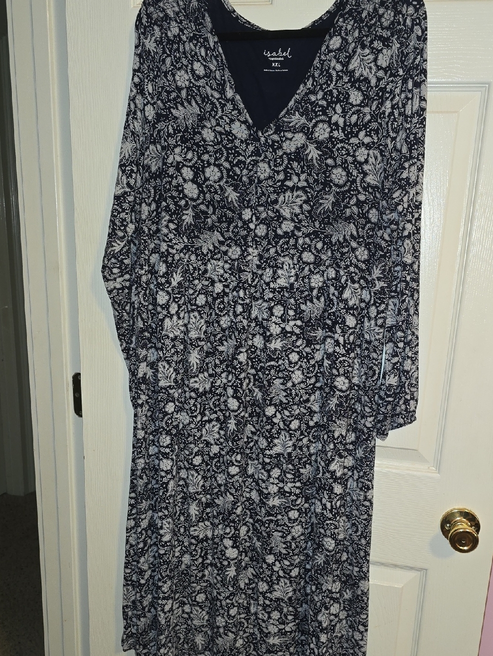 Isabel Navy and White Floral‎ Long-Sleeve V-Neck Dress